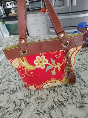 Spartina Red Floral Canvas Tote with Brown Leather Trim